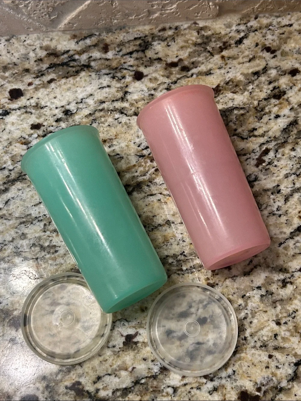 Vintage Tupperware Pink and Teal Tall Storage Cups with Lids